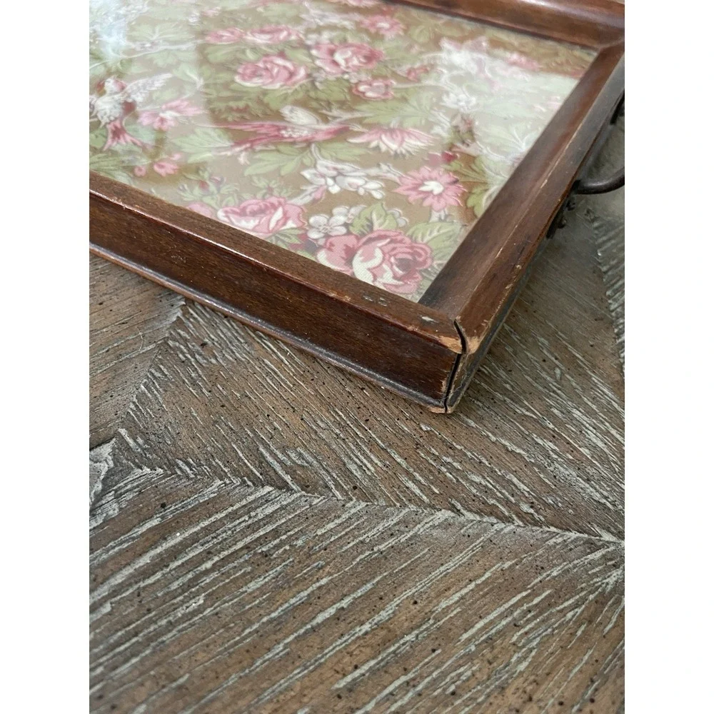 Antique Wood Framed Floral Bird  Tapestry Fabric Under Glass Handled Tray 10x19